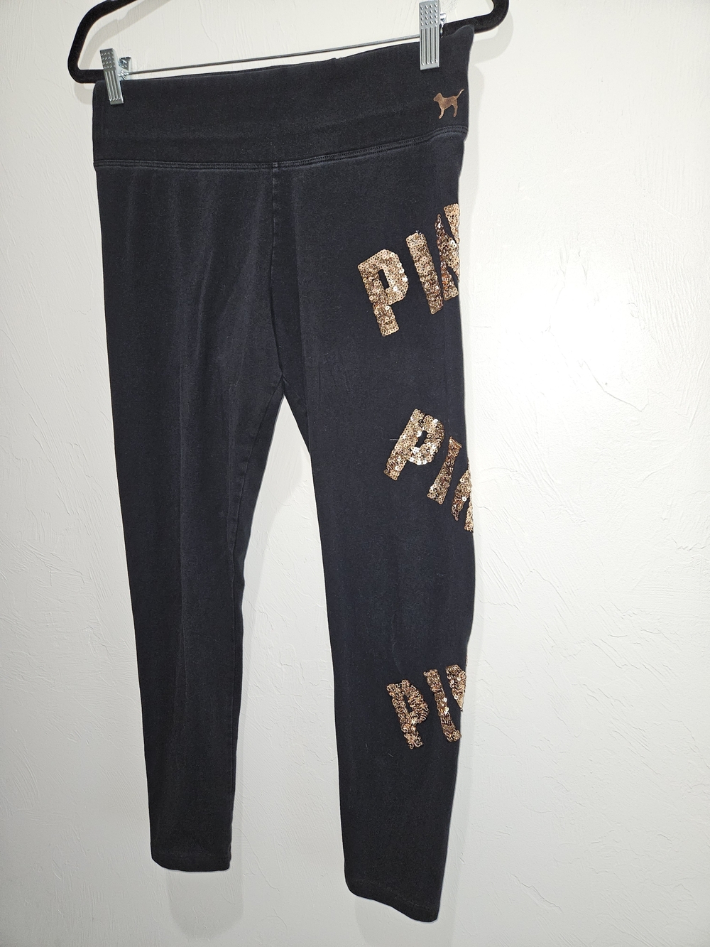 Victoria's Secret PINK Black Sequin Logo Rose Gold Leggings Women's Large - Picture 8 of 13